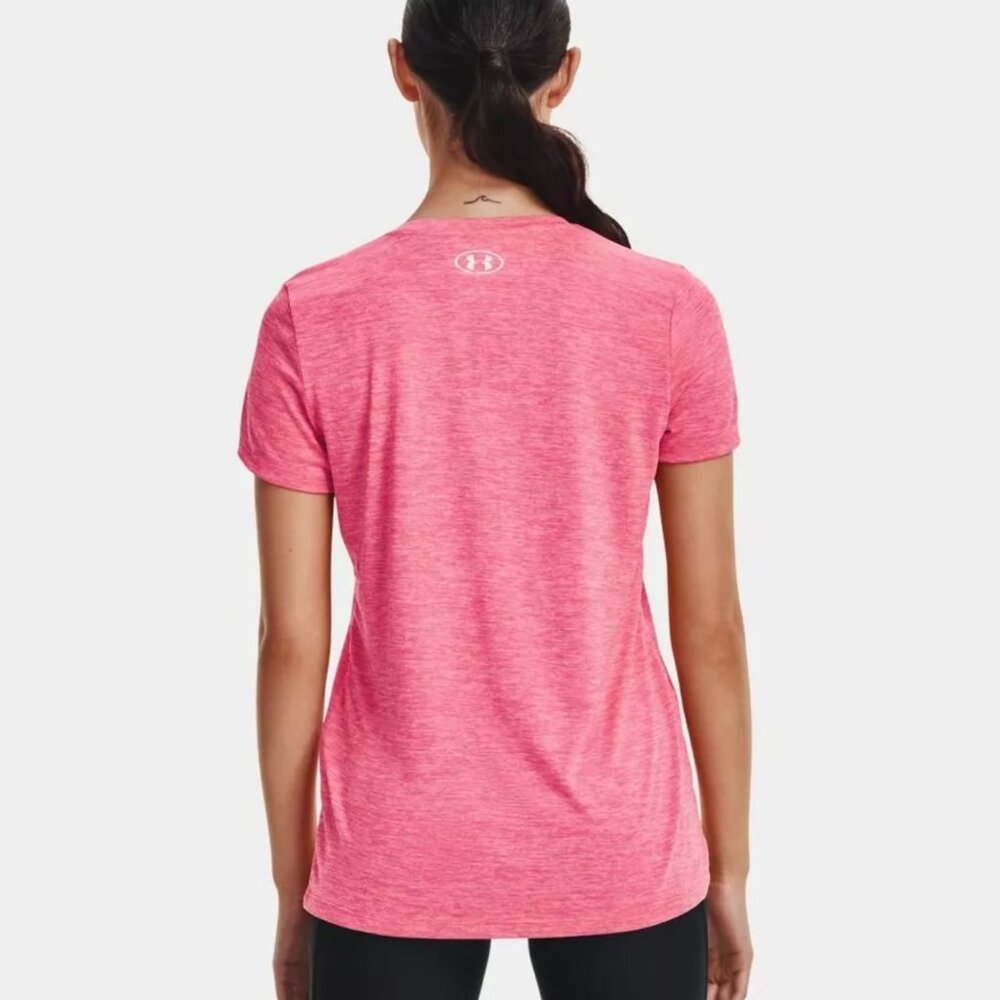 Under Armour Shirt Womens Small Pink V-Neck Short Sleeve Heat Gear Activewear - Picture 2 of 7